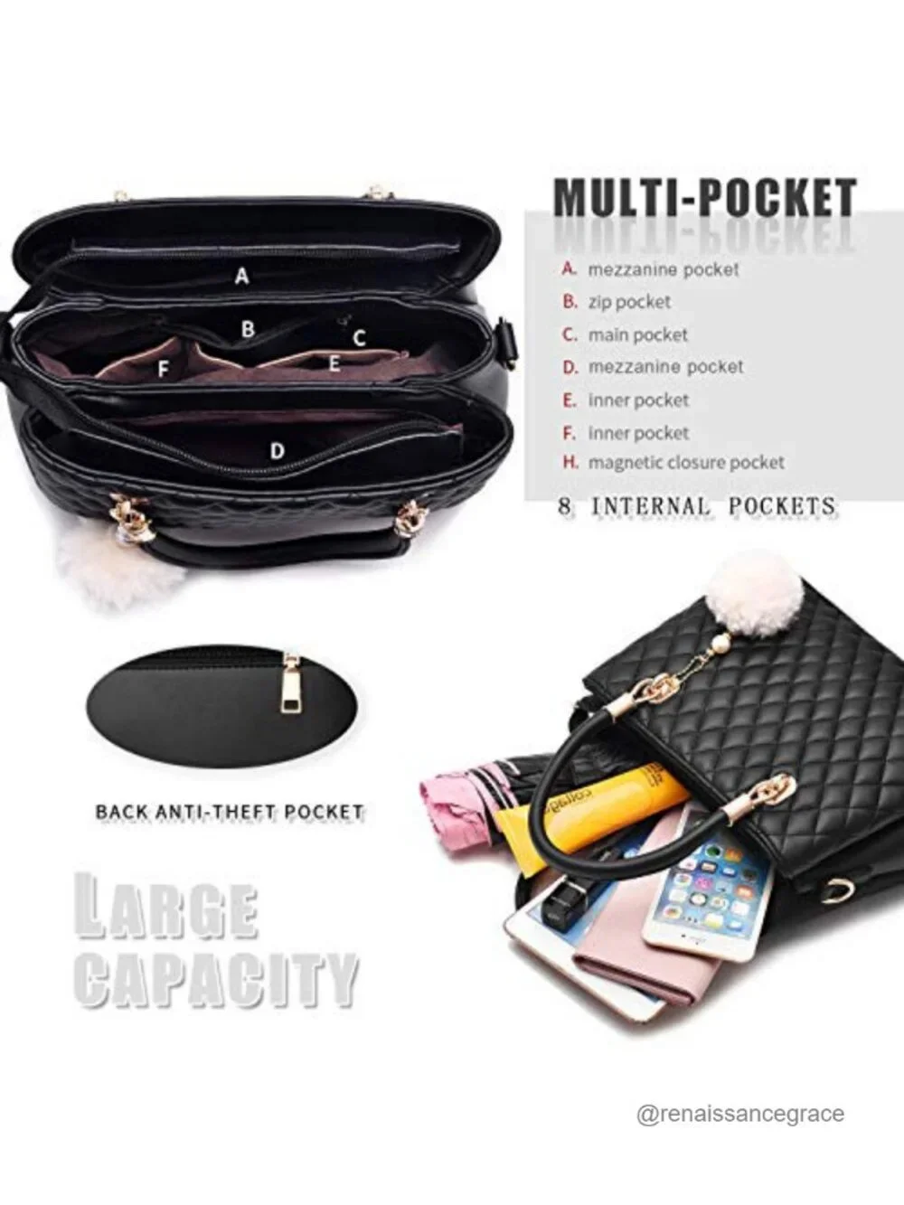 Womens PU Leather Top Handle Satchel Handbag with Diamond Quilted Pattern and